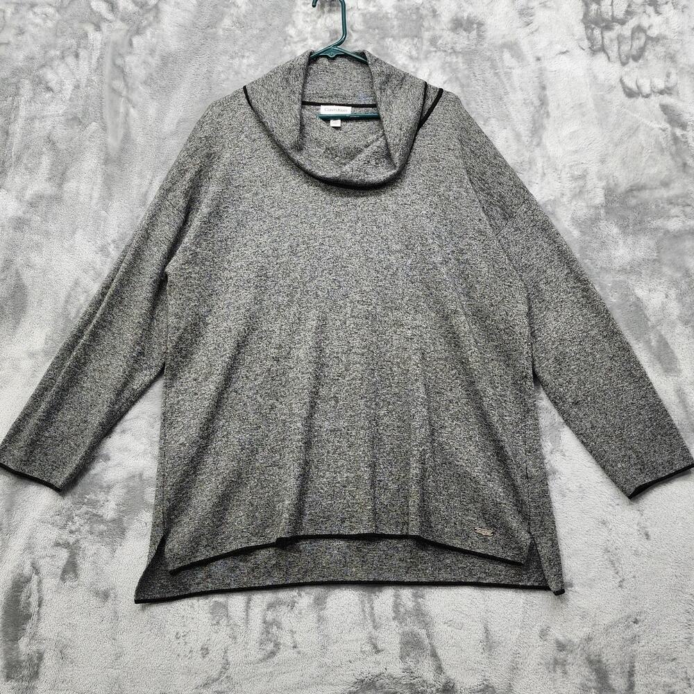 Calvin Klein Sweater Womens XL Gray Black‎ Marled Knit Cowl Neck Long Sleeve